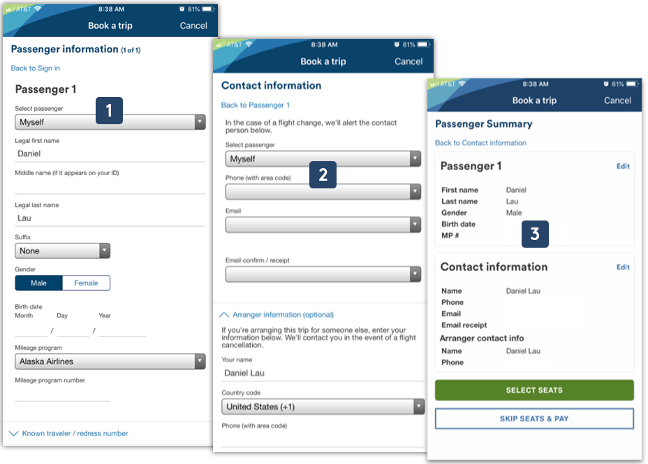 Alaska Airlines mobile inputting passenger information