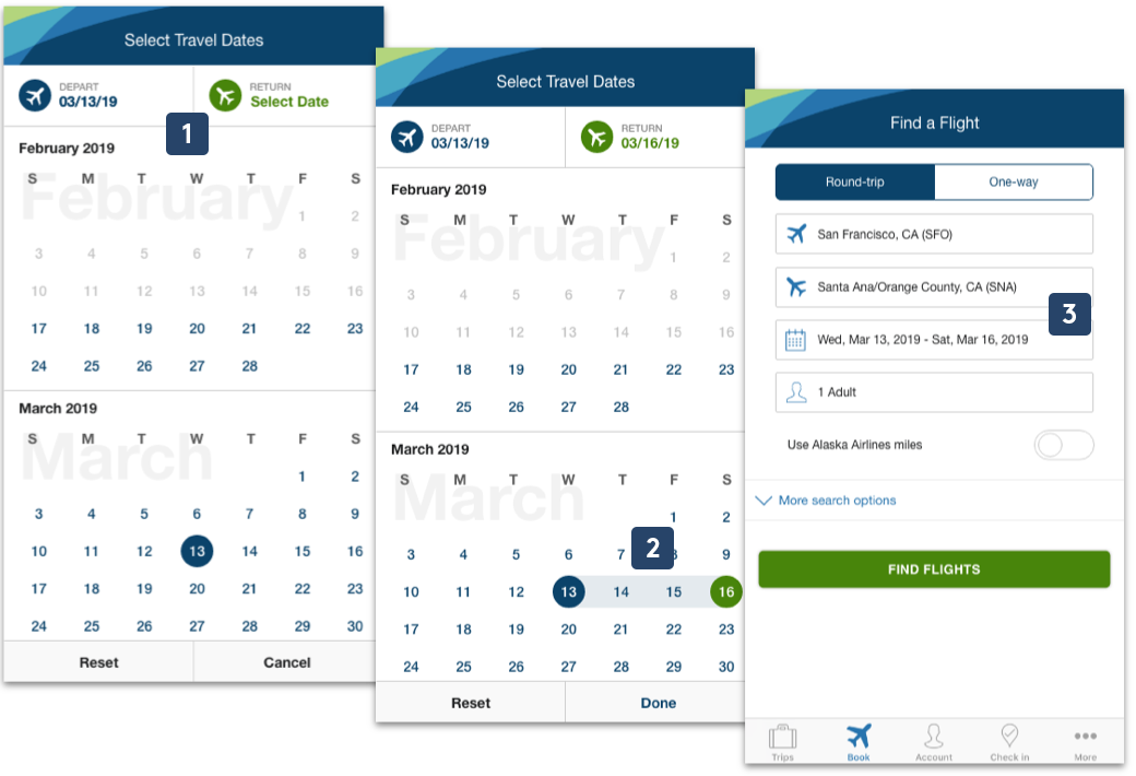 Alaska Airlines mobile search redesign - dates selection