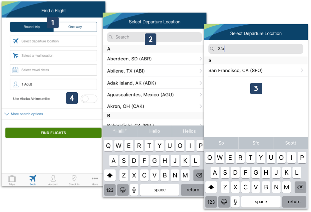 Alaska Airlines mobile search redesign - destination search