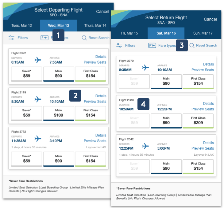 Alaska Airlines mobile search redesign - flight selection