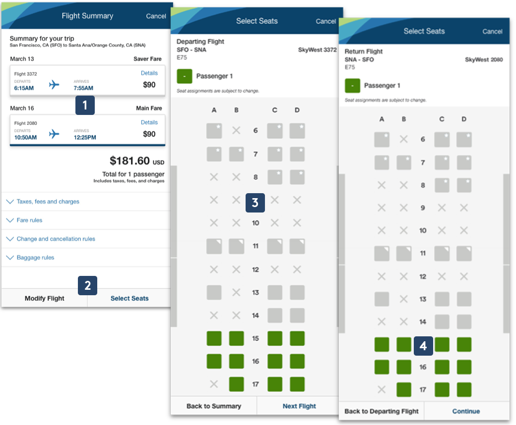 Alaska Airlines mobile search redesign - seat selection