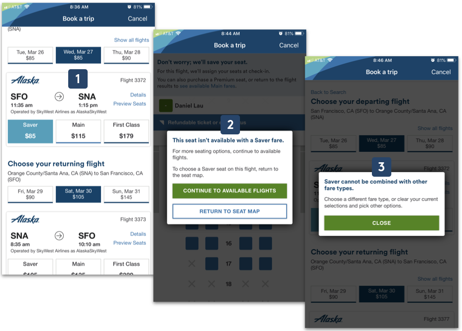 Alaska Airlines mobile flight & seat selection